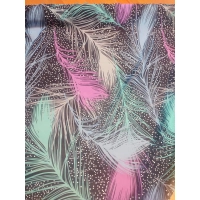 Delikatna tkanina szyfon - wzór w różowe, szare i miętowe pióra